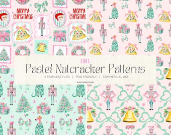 Preppy Pink Nutcracker Seamless Patterns, Coquette Christmas Stamps, Pastel Repeating File, Commercial Use, Digital Download, Bows, Trellis