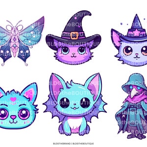 May include: A set of six digital illustrations featuring cute cartoon cats with different magical themes. The illustrations include a witch cat, a vampire cat, a plague doctor cat, and a butterfly cat. The illustrations are in a cartoon style with bright colors and whimsical details.