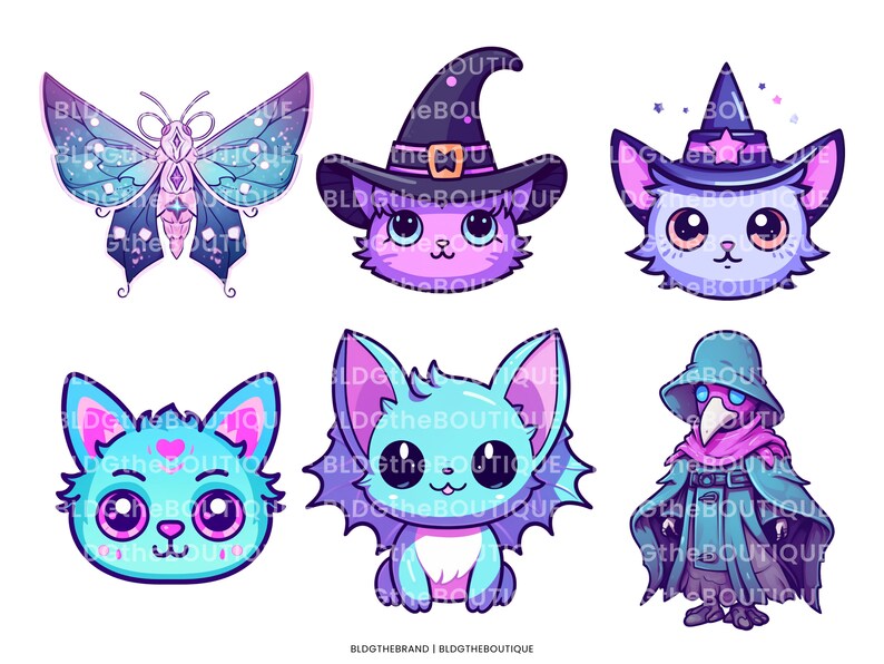 May include: A set of six digital illustrations featuring cute cartoon cats with different magical themes. The illustrations include a witch cat, a vampire cat, a plague doctor cat, and a butterfly cat. The illustrations are in a cartoon style with bright colors and whimsical details.