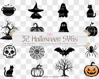 Halloween SVG Files for Cricut, Cute Halloween SVG Bundle, Sheet Ghost Clipart, Pumpkin PNG Bundle, Cobweb, Witch Hat, Black Cat, Skull