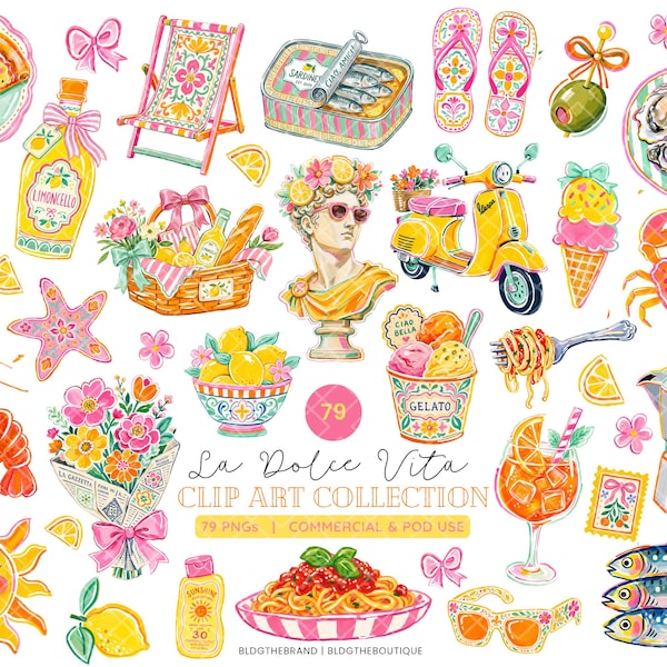 La Dolce Vita-clipart, Italiaanse zomerillustraties, preppy citroen-png, mediterrane tegel, sardines, citrus, Amalfikust, vrijgezellenfeest, kreeft