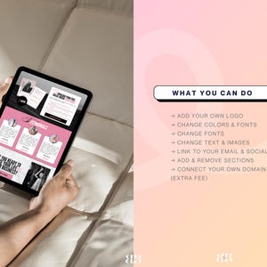 以下が含まれることがあります： ピンクと黒のデザインのウェブサイトを表示するタブレットを人が持っています。ウェブサイトには「お客様の声」と「できること」というテキストが含まれており、サイトをカスタマイズするオプションがあります。背景はピンクとピーチのグラデーションです。