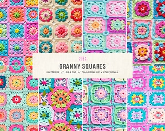 Crochet Granny Square Seamless Pattern, Patchwork Digital Paper Pack, Scrapbook Background, Commercial Use License, Instant Download