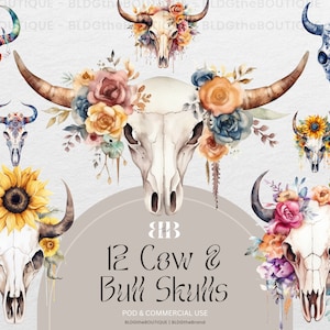 Floral Bull Skull mit Blumen PNG, Texas Longhorn Skull Clipart Aquarell, Boho, Western, kommerzielle Nutzung Clip Art, Sublimation Designs