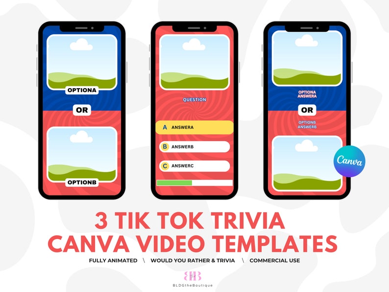 May include: Three animated Canva video templates for TikTok trivia. Each template features a phone screen with a question and two or three answer options. The templates are fully animated and can be used for commercial purposes.