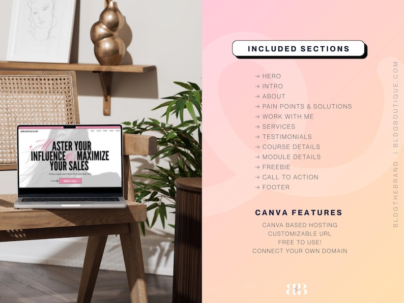 以下が含まれることがあります： 「ASTER YOUR INFLUENCE & MAXIMIZE YOUR SALES」というテキストが表示されたウェブサイトが映し出されたノートパソコン。木製のテーブルの上に置かれています。画像には、含まれるセクションとCanvaの機能のリストも含まれています。