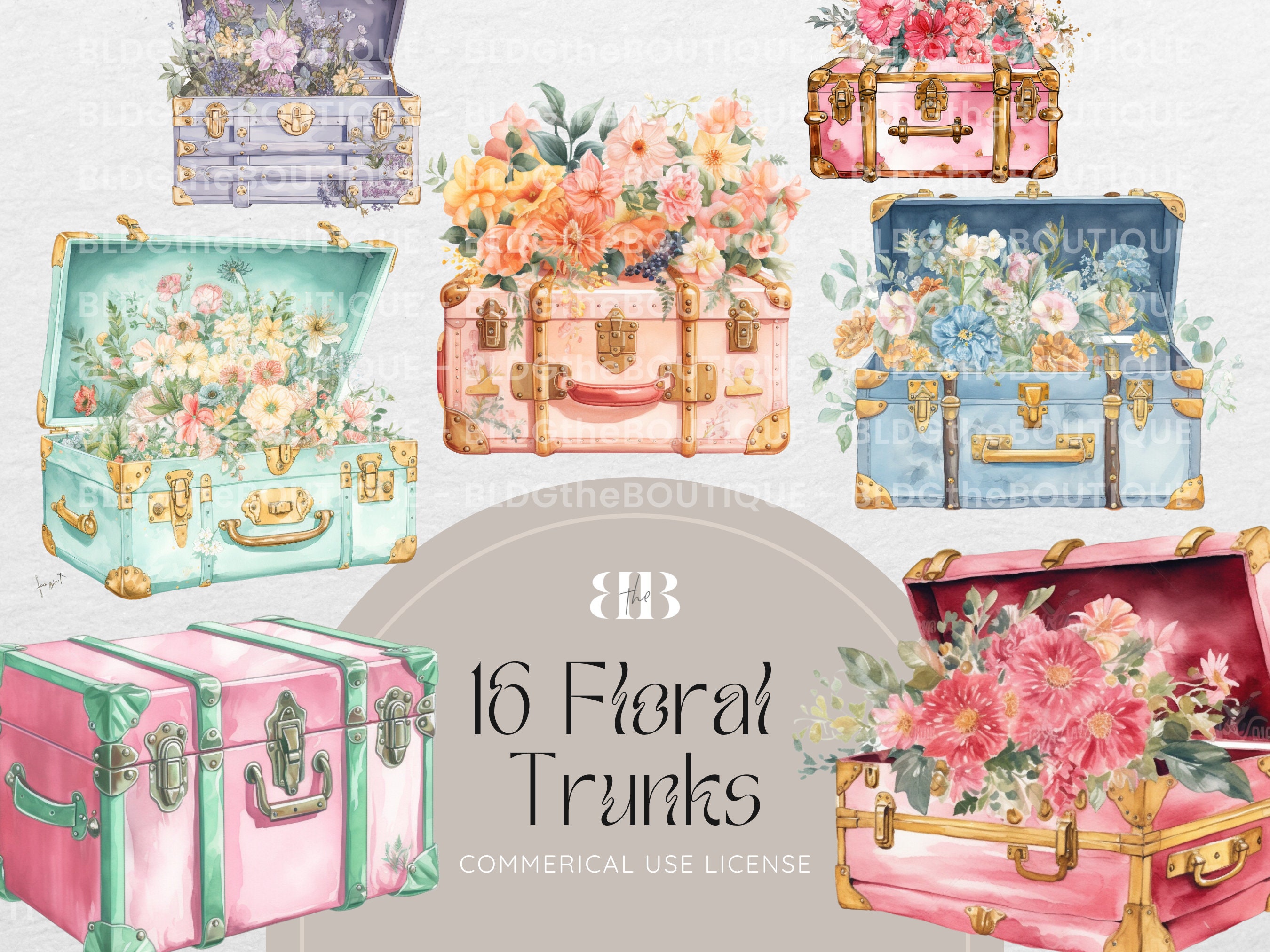 Floral Vintage Trunk Party Clipart for Commercial Use PNG 