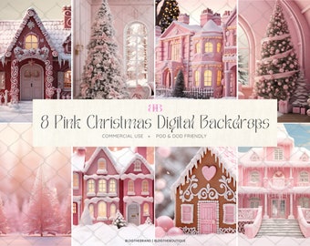 Pink Christmas Digital Photography Backdrop, Gingerbread House Background, Barb Dream Mansion, Photoshop Overlay For Kids Toddler Pet, Trees