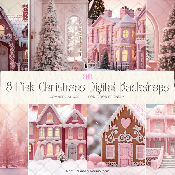 Pink Christmas Digital Photography Backdrop, Gingerbread House Background, Barb Dream Mansion, Photoshop Overlay For Kids Toddler Pet, Trees