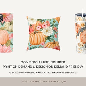 May include: A set of three autumn-themed products featuring a phone case, cushion, and tumbler. All three items feature a pattern of pumpkins, flowers, and leaves on a light blue background.