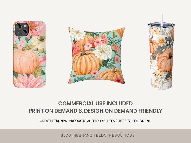 May include: A set of three autumn-themed products featuring a phone case, cushion, and tumbler. All three items feature a pattern of pumpkins, flowers, and leaves on a light blue background.