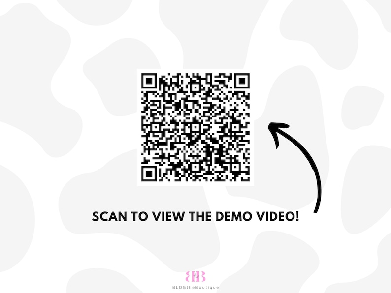 May include: Black and white QR code with an arrow pointing to it. The text "SCAN TO VIEW THE DEMO VIDEO!" is below the QR code.