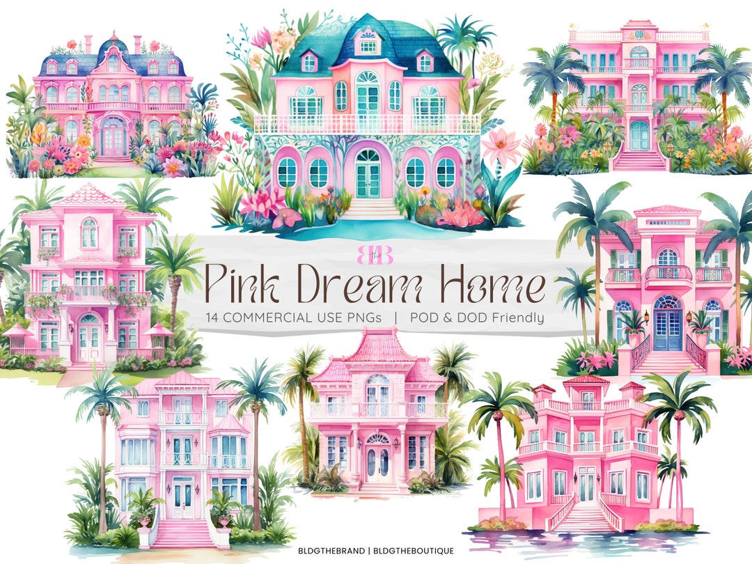 Pink Dream House Clipart Bundle, Watercolor Doll House PNG Files for ...