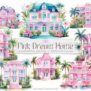 Różowy Domek Marzeń Clipart Bundle, Akwarele Domek dla Lalek Pliki PNG do Sublimacji, Różowy Clipart, Malibu Barb, Glam, Dziewczęcy, Rezydencje, Luksus
