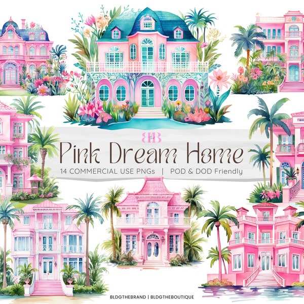 Pink Dream House Clipart Bundle, Watercolor Doll House PNG Files for Sublimation, Pink Clipart, Malibu Barb, Glam, Girly, Mansions, Luxury