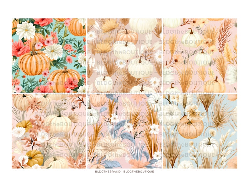 May include: A seamless pattern featuring white, orange, and yellow pumpkins with dried pampas grass, white flowers, and green leaves on a light blue, pink, and peach background.