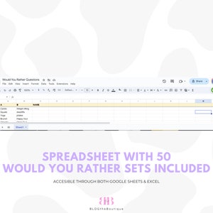 Op de afbeelding: Een screenshot van een Google Sheet met de titel "Would You Rather Questions" met 50 "Would You Rather" vragen die in de spreadsheet staan. De tekst "SPREADSHEET WITH 50 WOULD YOU RATHER SETS INCLUDED" wordt onder de screenshot weergegeven. De tekst "ACCESSIBLE THROUGH BOTH GOOGLE SHEETS & EXCEL" wordt onder de vorige tekst weergegeven. De tekst "BLOGtheBoutique" wordt onder de vorige tekst weergegeven.