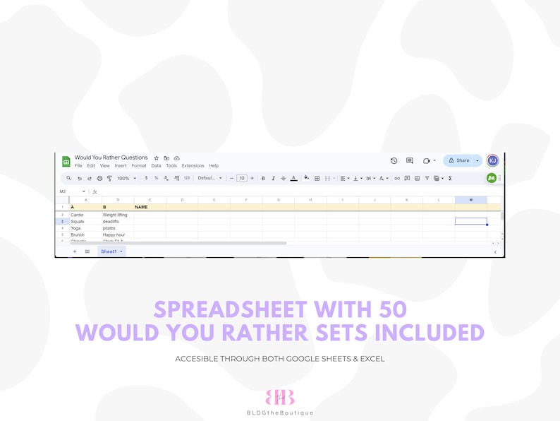 Op de afbeelding: Een screenshot van een Google Sheet met de titel "Would You Rather Questions" met 50 "Would You Rather" vragen die in de spreadsheet staan. De tekst "SPREADSHEET WITH 50 WOULD YOU RATHER SETS INCLUDED" wordt onder de screenshot weergegeven. De tekst "ACCESSIBLE THROUGH BOTH GOOGLE SHEETS & EXCEL" wordt onder de vorige tekst weergegeven. De tekst "BLOGtheBoutique" wordt onder de vorige tekst weergegeven.