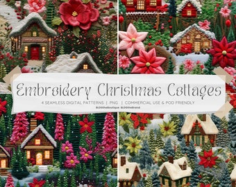 Christmas Faux Embroidery PNG, Embroidered Cottage Seamless Patterns, Holiday Repeating Pattern, Poinsettia Digital Paper, Scrapbooking