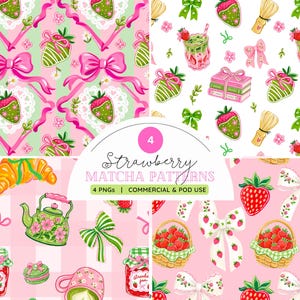 May include: A digital collage of four seamless patterns featuring strawberry and matcha themes. Elements include green-dipped strawberries, pink bows, matcha lattes, books, a floral teapot, strawberry jam jars, and baskets filled with red strawberries.