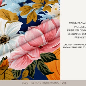 May include: A seamless pattern featuring a floral design with pink, white, and blue flowers on a dark blue background. The pattern includes leaves and pumpkins. The text "COMMERCIAL USE INCLUDED PRINT ON DEMAND & DESIGN ON DEMAND FRIENDLY CREATE STUNNING PRODUCTS AND EDITABLE TEMPLATES TO SELL ONLINE. BLDGTHEBRAND | BLDGTHEBOUTIQUE" is visible in the image.