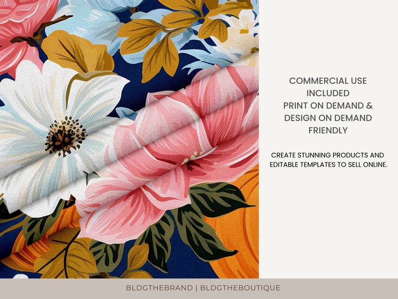 May include: A seamless pattern featuring a floral design with pink, white, and blue flowers on a dark blue background. The pattern includes leaves and pumpkins. The text "COMMERCIAL USE INCLUDED PRINT ON DEMAND & DESIGN ON DEMAND FRIENDLY CREATE STUNNING PRODUCTS AND EDITABLE TEMPLATES TO SELL ONLINE. BLDGTHEBRAND | BLDGTHEBOUTIQUE" is visible in the image.