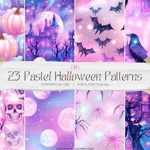 Peut inclure: Un ensemble de 23 motifs numériques sans couture sur le thème d'Halloween pastel. Les motifs comprennent des crânes, des chauves-souris, des citrouilles, des maisons hantées, des araignées et des lunes. Les motifs sont parfaits pour créer des designs fantasmagoriques et fantaisistes pour Halloween.