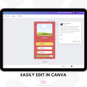 May include: A screen shot of a Canva template for a TikTok trivia game. The template has a yellow background with a green hill and a white cloud. The text "QUESTION" is in a white box. There are three answer choices, labeled A, B, and C. The text "BLDG the Brand" is in a blue box. The text "Drag the yellow rectangle underneath the correct answer on each side. If you're using bulk editor to create your video, it's best to do this after that step. See the POF instructions for further info." is in the blue box.