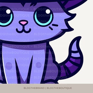 May include: A cartoon illustration of a purple cat with a striped tail. The cat has large blue eyes and a pink nose.