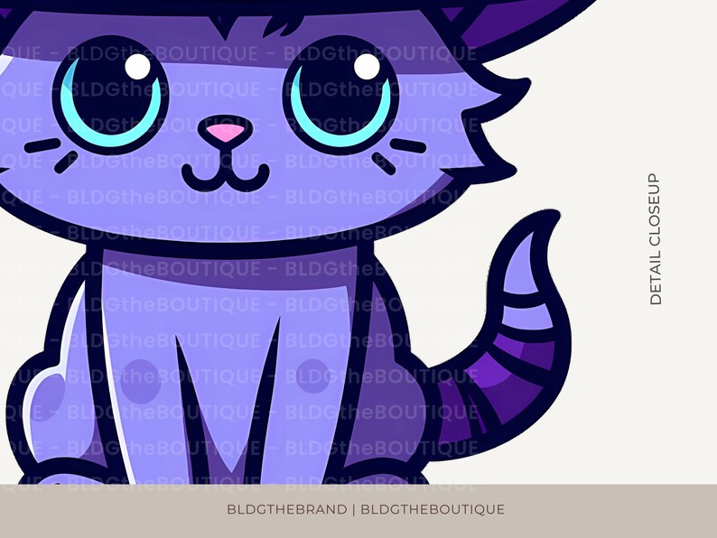 May include: A cartoon illustration of a purple cat with a striped tail. The cat has large blue eyes and a pink nose.