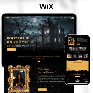May include: A website screenshot for a haunted manor attraction. The website features a dark background with gold accents. The text "Discover the Haunted Manor" is displayed in large, bold letters. The image shows a large, dark manor house with a spooky, overgrown tree in the foreground. The website also includes information about the attraction, such as its location, hours of operation, and ticket prices.