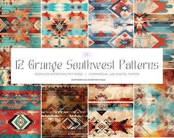 Western Seamless Digital Paper Pack for Sublimation, Grunge Southwestern Cowgirl Repeating Patterns, Aztec Print, Navajo, Commercial Use