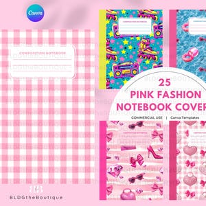 Pink Gingham Composition Notebook Covers KDP Canva Template, Fashion Doll, Journal, Low Content Books, Back to School, Malibu