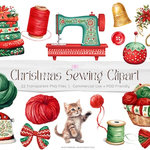 Christmas Sewing Kit PNG Clipart Files, Sewing Supplies Digital Clip Art, Sewing Machine Sublimation, Junk Journal, Scrapbook, Paper Crafts