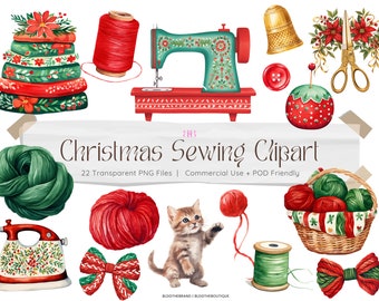 Christmas Sewing Kit PNG Clipart Files, Sewing Supplies Digital Clip Art, Sewing Machine Sublimation, Junk Journal, Scrapbook, Paper Crafts