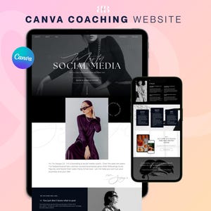 Modelo de site minimalista Canva, site de gerenciamento de mídia social em preto e branco, coach de vida, influenciador, assistente virtual, funil de vendas, site de uma página