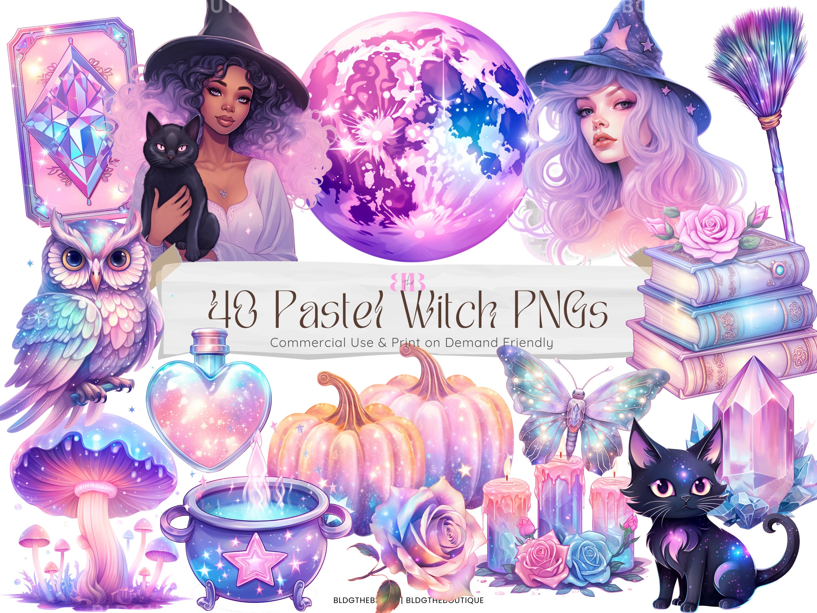 Pastel Witch Clipart, Cute Halloween PNG File, Witchy Sublimation, Fantasy Clip Art, Pastel Goth, Digital Stickers, Scrapbook, Witchcraft