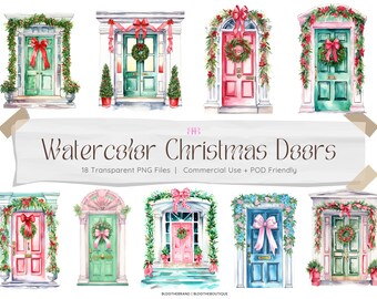Watercolor Christmas Front Door PNG Clipart, Holiday Front Porch Clip Art, Christmas Pink & Green, Sublimation