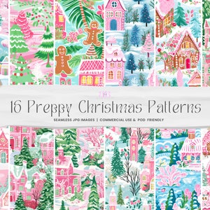 Preppy Christmas Digital Paper, Pastel Christmas Town Seamless Pattern for Fabric, Commercial Use, Scrapbook Paper, Repeating File image 1