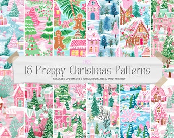 Preppy Christmas Digital Paper, Pastel Christmas Town Seamless Pattern for Fabric, Commercial Use, Scrapbook Paper, Repeating File