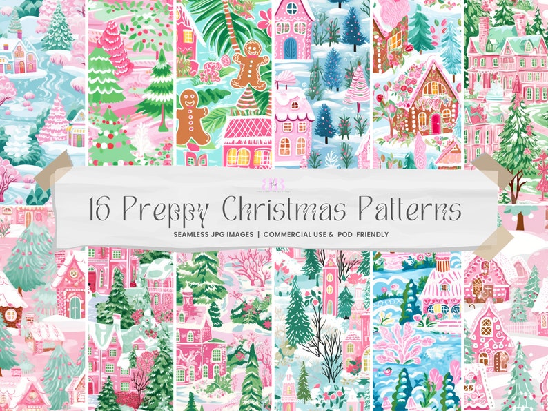 Preppy Christmas Digital Paper, Pastel Christmas Town Seamless Pattern for Fabric, Commercial Use, Scrapbook Paper, Repeating File image 1