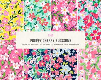 Preppy Cherry Blossom Seamless Patterns, Spring Flower Digital Paper Pack, Commercial Use Repeating Pattern, Scrapbook Background, POD, PNG