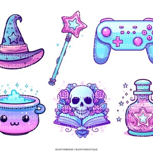 May include: A set of six colorful cartoon illustrations featuring a witch's hat, a magic wand, a video game controller, a cauldron with a cute face, a book with a skull and flowers, and a potion bottle with a star.