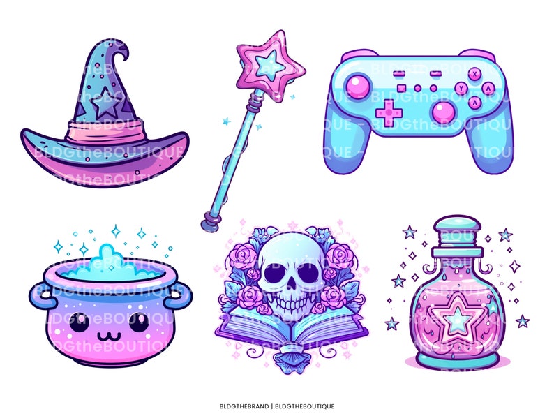 May include: A set of six colorful cartoon illustrations featuring a witch's hat, a magic wand, a video game controller, a cauldron with a cute face, a book with a skull and flowers, and a potion bottle with a star.