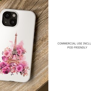 May include: White iPhone case with a pink watercolor design of the Eiffel Tower and pink roses.