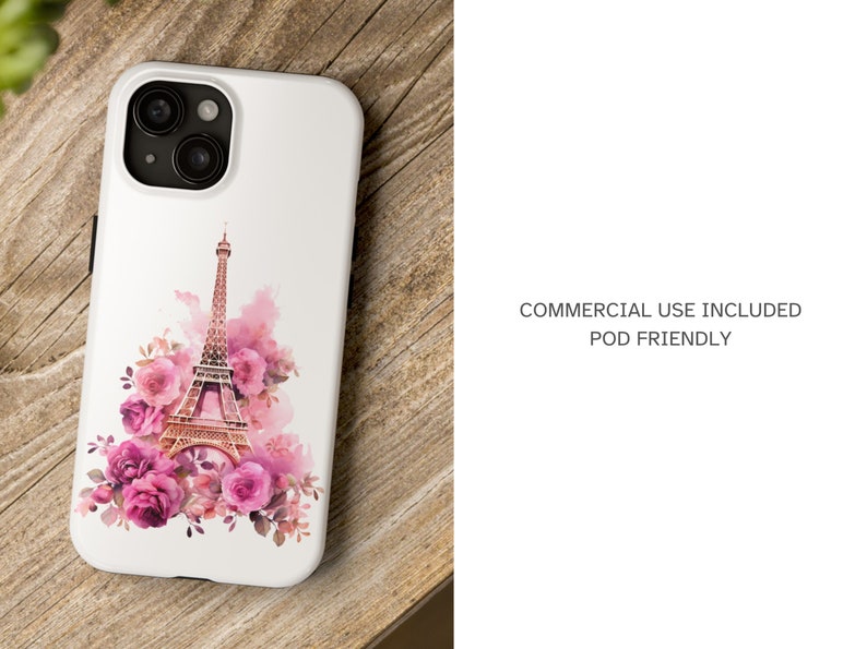 May include: White iPhone case with a pink watercolor design of the Eiffel Tower and pink roses.