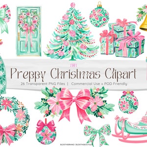 Noël preppy PNG, clipart aquarelle vacances preppy, casse-noisette, clipart floral de Noël, coquette, arbre, rose et vert, sublimation