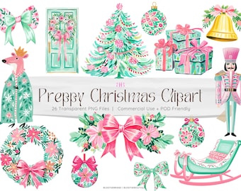 Preppy Christmas PNG, Preppy Holiday Watercolor Clip Art, Nutcracker, Christmas Floral Clipart, Tree, Poinsettia, Pink & Green, Sublimation