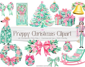 Preppy Christmas PNG, Preppy Holiday Watercolor Clip Art, Nutcracker, Christmas Floral Clipart, Tree, Poinsettia, Pink & Green, Sublimation