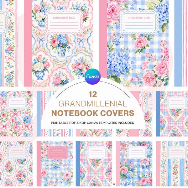 Grandmillenial Printable Notebook Covers, Fancy Composition Book Cover Canva Template, Pink Blue, KDP, Shabby Chic Journal, Floral Gingham
